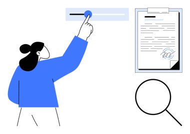 Kadın sürgülü kontrolü ayarlar, büyüteç yanında imzalı bir pano ile belgeleme yapar. Kullanıcı arayüzü, veri kontrolü, dokümantasyon, araştırma, tasarım, teftiş analizi için ideal. Basit düz