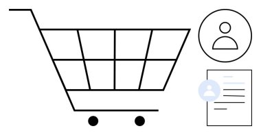 Bir profil ikonu ve belge taslağının yanındaki minimalist alışveriş arabası. E-ticaret, çevrimiçi alışveriş, kullanıcı kimlik denetimi, hesap yönetimi, alışveriş kişiselleştirme, satın alma geçmişi için ideal