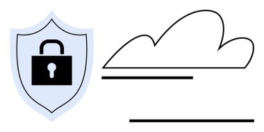 Kilitli kalkan, stilize bir bulutun yanında güvenliği simgeler. Siber güvenlik, bulut koruması, veri güvenliği, gizlilik, şifreleme, bilişim çözümleri, çevrimiçi güvenlik için ideal. Basit düz metafor