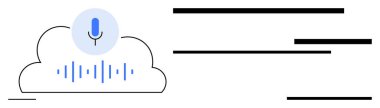 Bulutun üstünde ses dalgası ikonu olan mikrofon, dijital ses işleme ve bulut tabanlı yapay zeka tasvir ediyor. Teknoloji için ideal, yapay zeka, makine öğrenimi, konuşma tanıma, veri depolama, otomasyon, basit düz