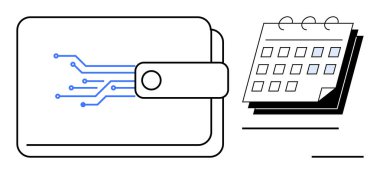 Takvimin yanında devre tasarımlı dijital cüzdan. Finansal yönetim, dijital para birimi, bütçe, fintech, takvim planlaması, gider takibi ve tasarruflar için ideal. Basit düz