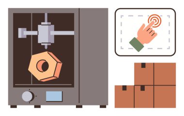 Geometrik şekilli üç boyutlu yazıcı, dokunmatik ekranı tıklatan ve kutuları istifleyen. Teknoloji, üretim, lojistik, otomasyon, endüstri tasarım yeniliği için ideal. Temiz daire