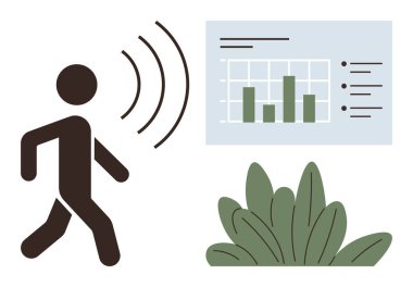 Bar tablosu ve yeşillik yakınlarında ses dalgaları yayan insan figürü, veri analizi, çevre, iletişim, izleme, teknoloji, büyüme ve birbirine bağlı sistemleri sembolize ediyor. Basit düz metafor