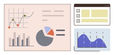 Çizgi grafiği, bar grafiği, pasta grafiği ve kontrol listesi arayüzü olan analitik paneli. Raporlar, iş dünyası, veri görselleştirme, strateji analizi karar verme ve sunumlar için idealdir. Basit.