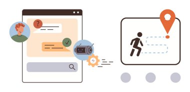 Kullanıcı avatarıyla sohbet arayüzü, soru işareti, kontrol işareti ve sohbet baloncukları çalışan kişi ve konum broşu ile birlikte mesajlaşma, kullanıcı ilerlemesi, navigasyon. Teknoloji ve iletişim için ideal
