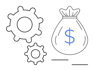 Dolar işaretli para çantasının yanında vites parçaları verimliliği, iş akışını ve karı simgeliyor. Kavramların ideali finans, yatırım, iş süreci, ekonomik büyüme, verimlilik, basit çalışma