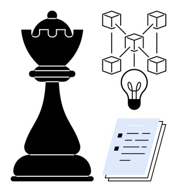 Kara satranç taşı blok ağı şeması, ampul ve listeli belgelerin yanında. Strateji, yenilik, karar verme, liderlik, planlama zinciri yaratıcılığı için ideal. Basit.