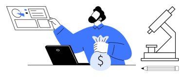 Araştırmacı dizüstü bilgisayarla proje verilerini analiz ediyor ve mikroskop ve kalemin yanında bir fon çantası tutuyor. Bilim, eğitim, araştırma, finans, analiz, fon ve laboratuvar işleri için idealdir. Basit düz