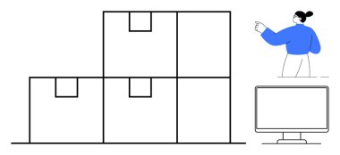 Düzgünce dizilmiş kutular, el kol hareketi yapan bir insan ve bir bilgisayar ekranı. Lojistik, tedarik zinciri, envanter, takım çalışması, organizasyon koordinasyon dijital araçları için idealdir. Basit düz metafor