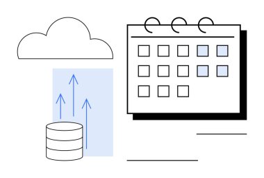 Bulut simgesi, yukarı doğru oklu veritabanı ve takvim bulut depolama, veri senkronizasyonu ve zaman yönetimini temsil ediyor. Teknoloji, üretkenlik, planlama, verimlilik organizasyonu için ideal