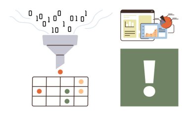Bir tabloya ikili veri filtreleme hunisi, çizelgeler içeren analitik gösterge paneli ve içgörüyü temsil eden uyarı simgesi. Veri analizi, filtreleme, otomasyon, içgörü, ölçüler, gösterge panelleri için ideal