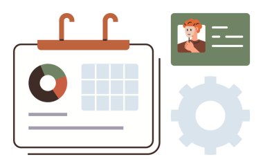 Turta grafiği, ızgara düzeni ve kimlik kartının yanı sıra organizasyonu temsil eden bir dişli simgesi, planlama, analitik, kişisel kimlik, iş akışı otomasyonu, basit düz metafor