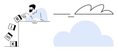 RISK 'in yazılışını engelleyen bir adam. Arka planda bulut var. Dikkat, risk yönetimi, kararlar, iş stratejisi, başarısızlık, belirsizlik, basit düz metafor