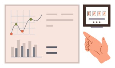 Finansal bar grafiklerine, çizgi grafiklerine ve skor tabelasına el hareketi. Analiz, iş büyümesi, performans takibi, ölçüler, veri izleme, karar verme metaforu için ideal