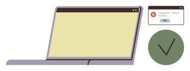 Laptop ekranı, yeşil işaretli simgenin yanında hata ve Tamam düğmesi olan bir diyalog kutusu görüntülüyor. Teknoloji, yazılım, kullanılabilirlik, sorun giderme, bilişim desteği, görev tamamlama için ideal