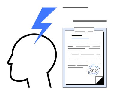 İnsan kafası, imzalı belgelerle birlikte fikir üretimini sembolize eden bir yıldırım çarpması. Yaratıcılık, beyin fırtınası, sorun çözme, anlaşma, karar verme, fikri mülkiyet için ideal