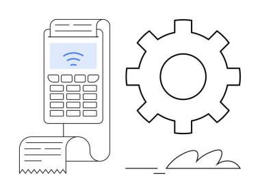 Ödeme otomasyonunu, fintech 'i ve modern teknolojiyi vurgulayan fatura ve dişli ikonu olan POS terminali. Finans, perakende, e-ticaret, iş araçları, otomasyon, dijital işlemler için ideal