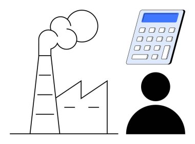 Bir insan figürünün ve hesap makinesinin yanında duman çıkaran fabrika endüstriyel üretim, maliyet yönetimi ve karar verme mekanizmasını öneriyor. İş, imalat, endüstri, finans ve ekonomi için ideal