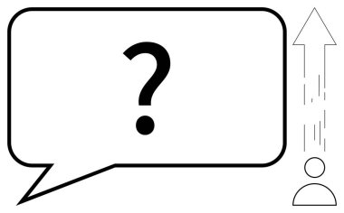 Soru işareti içerideki konuşma baloncuğu, ok insanın yanında yukarı doğru işaret ediyor. Büyüme, araştırma, ilerleme, beyin fırtınası, problem çözme, iletişim kişisel gelişimi için idealdir. Basit düz metafor