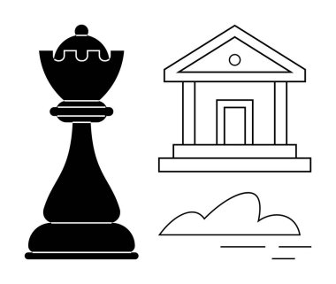 Klasik bir bina ve bulutun yanında satranç taşı, stratejiyi, otoriteyi, planlamayı veya kurumsal gücü sembolize ediyor. Liderlik, yönetim, planlama, karar verme yaratıcılığı için ideal