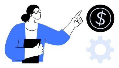 Elinde bir pano olan kişi, arka planda teçhizatla dolar işaretine doğru hareket ediyor. Finans, iş, maaş yönetimi, muhasebe, bütçe planlaması, gelir büyümesi, ekonomik strateji için idealdir. Basit.