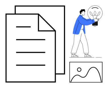 Parlayan bir ampul, katmanlı belgeler ve görsel grafik sanatı taşıyan kişi. Yenilik için ideal, iş akışı yönetimi, sunum, yaratıcılık, üretkenlik beyin fırtınası araştırması. Basit düz