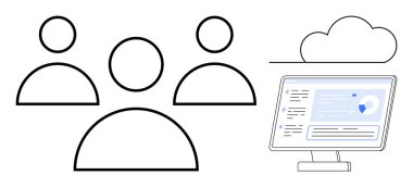 Bulut ve bilgisayar arayüzüne bağlı üç kullanıcı simgesi işbirliği, bulut hesaplama, veri güvenliği, takım yönetimi, uzaktan çalışma, dijital araçlar ve çevrimiçi üretkenliği temsil eder