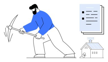 Güneş enerjili evin yanında kazmayla saldıran adam ve yenilenebilir enerji, iş ahlakı ve yeniliği simgeleyen belgeler. Sürdürülebilirlik, enerji, iş, çaba ve yeşil çözümler için ideal