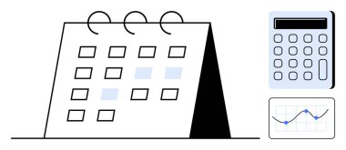 Masaüstü takvimi organizasyonu vurguluyor, hesap makinesi hesaplamaları vurguluyor, grafikler performans analizini gösteriyor. Planlama, zamanlama, bütçe denetimi, görev izleme, hedef belirleme için ideal