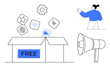 Özellikleri temsil eden simgelerle, eyleme işaret eden kişilerle ve duyurular için megafonla etiketlenmiş FREE kutusunu aç. Pazarlama, tanıtım, iletişim, satış, sosyal yardım, strateji için idealdir.