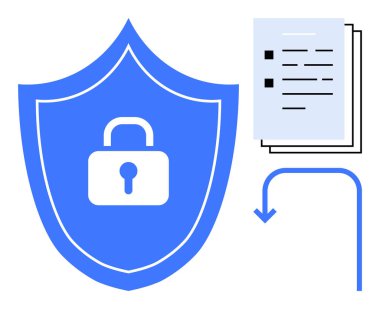 Belge ve okun yanında asma kilit olan mavi kalkan, veri güvenliğini, mahremiyeti, şifrelemeyi ve güvenli bilgi işlemeyi temsil ediyor. Siber güvenlik, koruma ve uyum için ideal. Basit düz