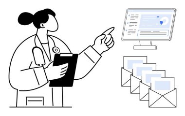 Yanında postalar olan bir bilgisayar ekranını gösteren bir pano tutan bir doktor. Sağlık, tıbbi iletişim, tele sağlık, teknoloji, bilgi paylaşımı, dijital iş akışı, takım çalışması için ideal
