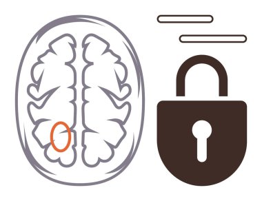 Bir asma kilit ikonunun yanında turuncu bir çember ile işaretlenmiş insan beyni çizimi. Beyin sağlığı, zihinsel güvenlik, fikri mülkiyet, mahremiyet, nörorotasyon, siber güvenlik ve bilişsel güvenlik için ideal
