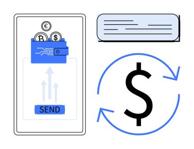 Akıllı telefon cüzdanı Bitcoin, Euro ve Dolar gönderiyor. Oklar transferi sembolize eder. Dairesel oklar döviz kurunu vurguluyor. Fintech, bankacılık, kripto para birimi, ödeme işlemleri için ideal
