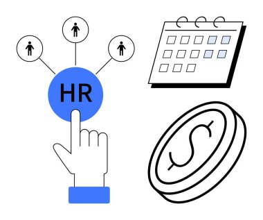 İşçi simgeleri, takvim ve dolar işaretli para ile çevrili olan İnsan Kaynakları düğmesine el işareti. İdeal İK sistemleri, maaş bordrosu, iş gücü planlaması, takvim, işe alım finans sektörü