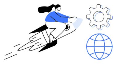 Roketteki kadın gelişimi ve hızı simgeler. Vites ve küre, teknoloji, mekanik ve küresel bağlantıyı temsil ediyor. Yenilik, iş, girişim, teknoloji, girişimcilik için ideal