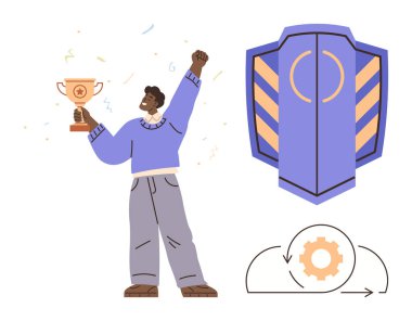 Bir kupayla kutlama yapan kişi, başarı ve korumayı temsil eden kalkan, ilerleme için bulutlu teçhizat. Başarı, motivasyon, başarı, koruma, tanınma, gelişme için ideal