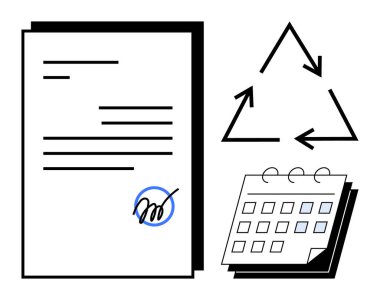 İmzalanmış belge yığını, geri dönüşüm okları ve masa takvimi anlaşma temalarını, sürdürülebilirliği, planlamayı ön plana çıkarıyor. İş akışı, çevre politikası, proje yönetimi, organizasyon için ideal