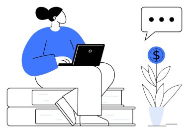 Kitapların üzerine oturmuş, yanında para fabrikası olan bir dizüstü bilgisayar kullanan bir kadın. Eğitim, iş, yatırım, büyüme, kendini geliştirme, üretkenlik, çevrimiçi öğrenim için ideal. Basit düz metafor