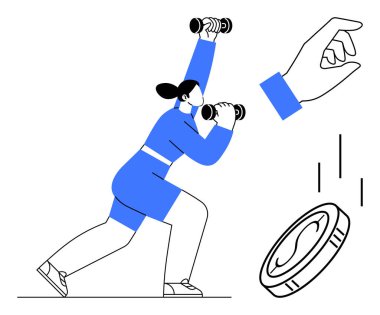 Hamle pozu veren halterli bir kadın, bir şeyi tutmak üzere olan bir el, dairesel jeton düşüşü. Fitness, motivasyon, eylem, sağlık yolculuğu, başarı hedefi belirleme için idealdir. Basit düz