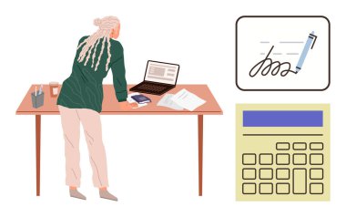 Bilgisayarına, belgelerine ve ofis malzemelerine dayanan bir kadın. Hesap makinesi çizimleri ve imzalı bir sözleşmeyle birlikte. Finans, organizasyon, planlama, evrak, sözleşmeler için ideal