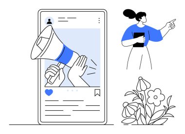 Duyuru için megafonlu akıllı telefon ekranı, bağlanma için kullanıcı arayüzü simgeleri, işaret eden kadın ve çiçekler. Pazarlama, sosyal medya, iletişim, yaratıcılık ve duyuru için ideal