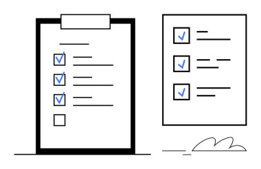 Görevleri ve işaretleri olan iki kontrol listesi. Biri panoda ve diğeri de ayakta duruyor. Üretkenlik, planlama, görev yönetimi, hedefler, organizasyon, verimlilik için ideal, basit düz metafor