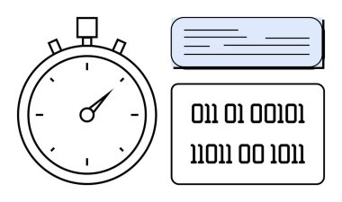 İkili kod ve metin balonunun yanında saat kollu kronometre, zaman izleme, dijital teknoloji, kodlama, verimliliği temsil ediyor. Teknoloji, verimlilik, programlama ve veri doğruluğunu test etmek için ideal