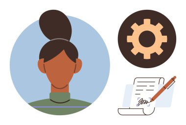 Profildeki bir kadının portresi, süreci veya sistemi temsil eden teçhizat, kalem imzalama belgesi. Temalar için ideal kariyer, takım çalışması, organizasyon, anlaşma, liderlik, ortaklık basit düz