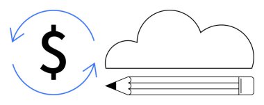 Oklu dolar işareti ekonomik döngüleri, dijital depolama için bulut ve yaratıcılık için kalem taşır. Finans, teknoloji, tasarım, yenilik, eğitim, bulut hesaplama için ideal