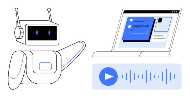 Robot sohbet ve ses dalgalarıyla dizüstü bilgisayara doğru hareket ediyor. Yapay zeka, teknoloji, iletişim, sohbet robotu geliştirme, dijital etkileşim, otomasyon, eğitim için ideal. Basit düz