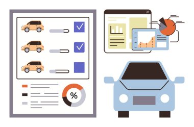 Araç analizi, karşılaştırma çizelgesi, performans grafikleri ve kontrol listesi. Otomotiv araştırmaları, veri analizi, teknoloji, karar verme, planlama, istatistik için ideal