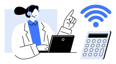 Kulaklık takmış bir kadın dizüstü bilgisayar kullanıyor, hesap makinesinin yanındaki kablosuz sembolü işaret ediyor. Müşteri hizmetleri, telekomünikasyon, uzaktan çalışma, teknik destek, çevrimiçi yardım, bağlantı, basit