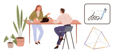 Bilgisayar, bitkiler, geometrik diyagram ve dijital imza konseptiyle masada beyin fırtınası yapan meslektaşlar. Takım işbirliği, üretkenlik, tasarım, yaratıcılık, yenilik planlaması için ideal basit